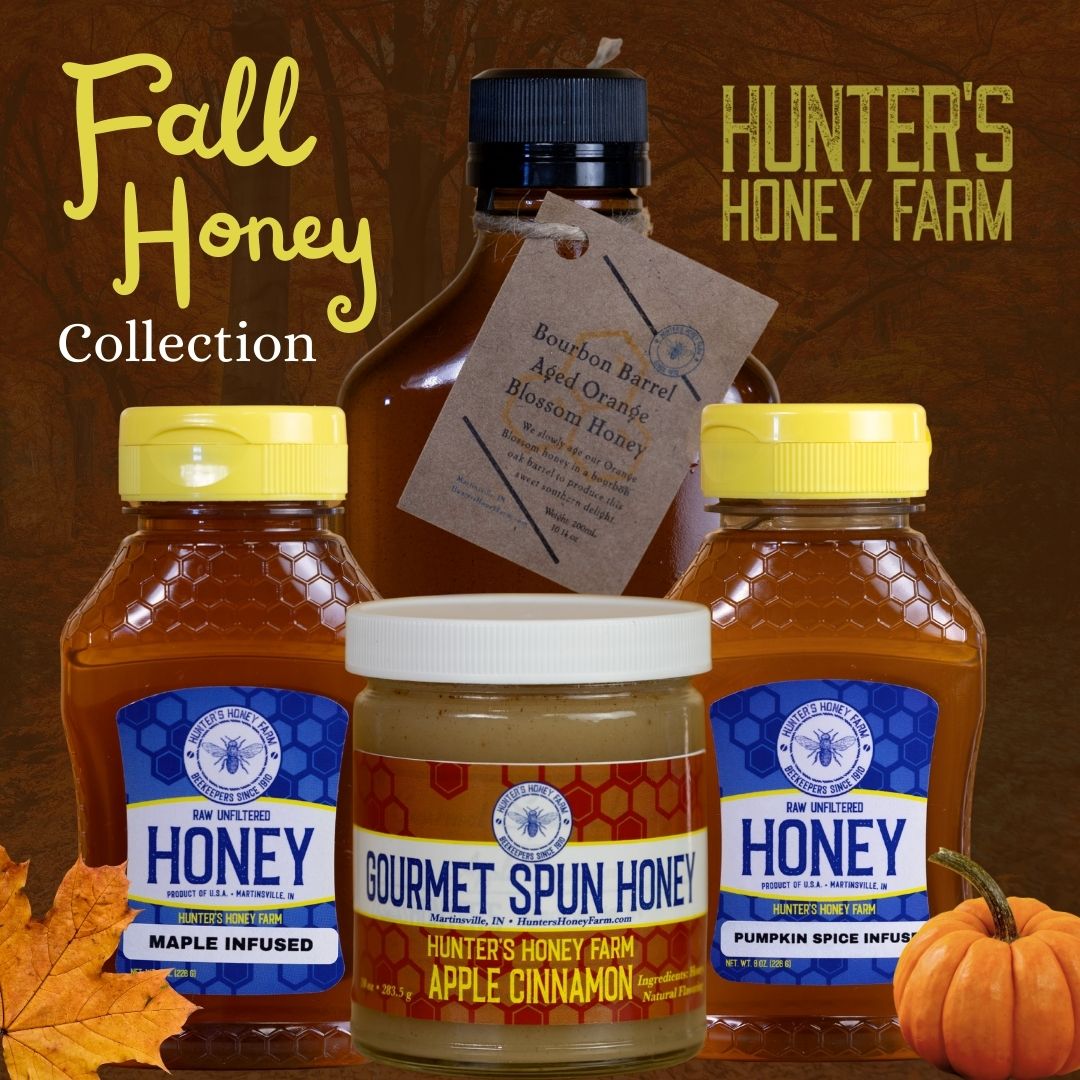 Hunter’s Honey Farm fall honey collection with Maple Infused, Pumpkin Spice, and Apple Cinnamon honeys for seasonal fall drink recipes!