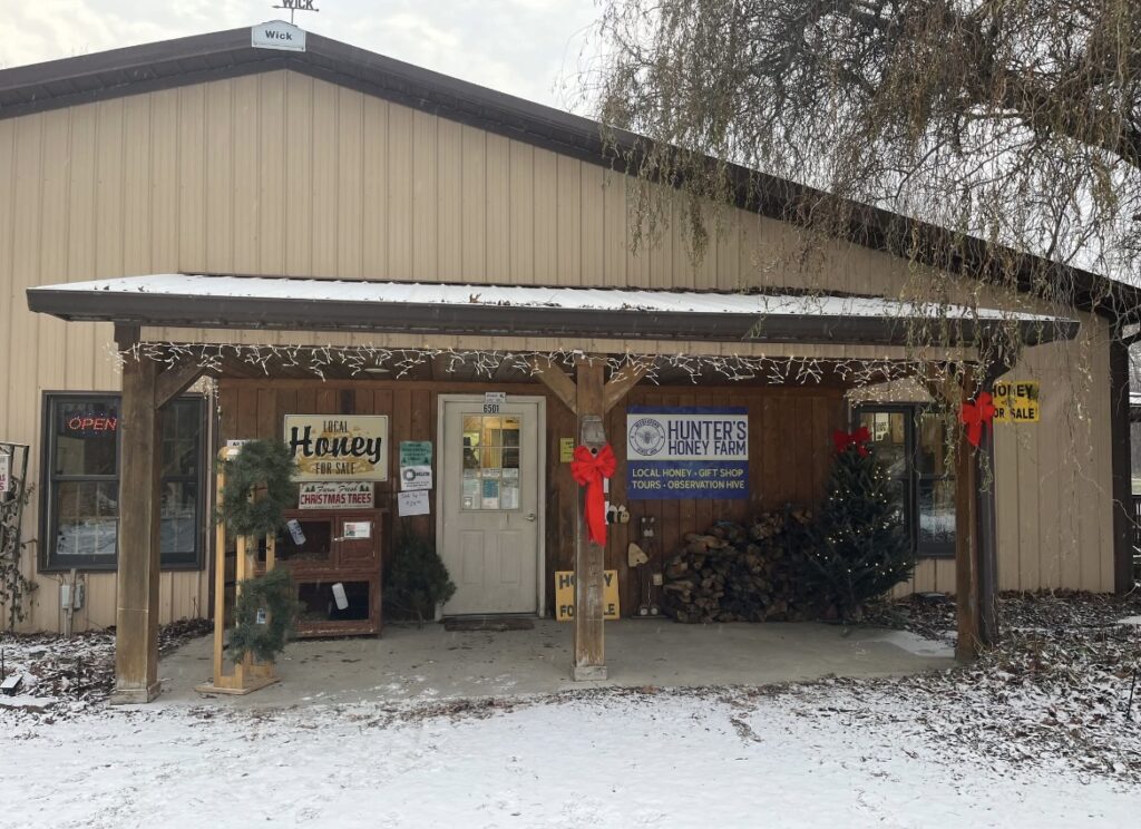 Hunter’s Honey Farm barn during winter preparations with equipment and holiday items