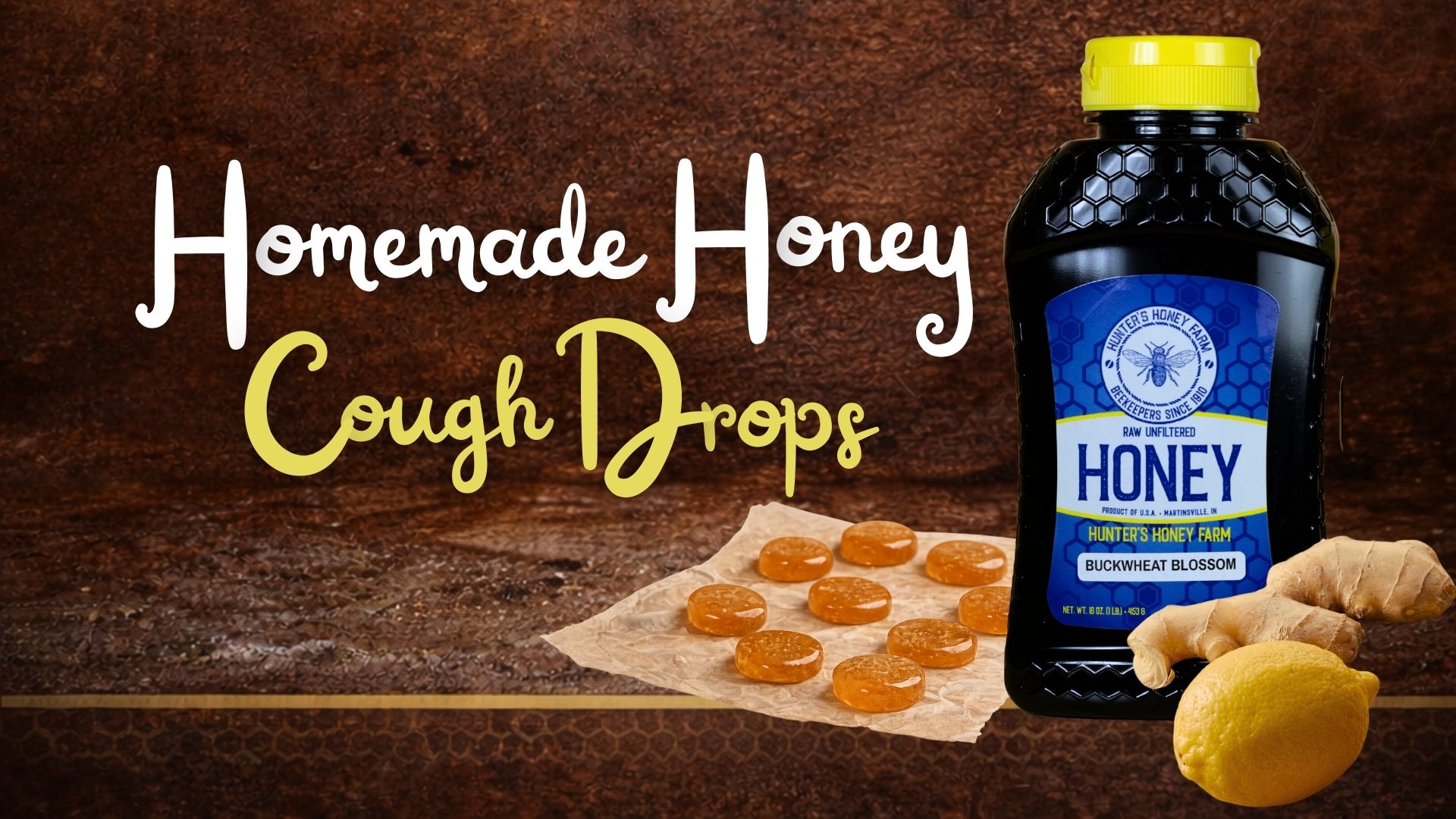 Homemade honey cough drops made with raw buckwheat honey, lemon, and ginger