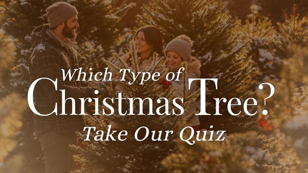 Family choosing a Christmas tree together at a snowy Christmas tree farm